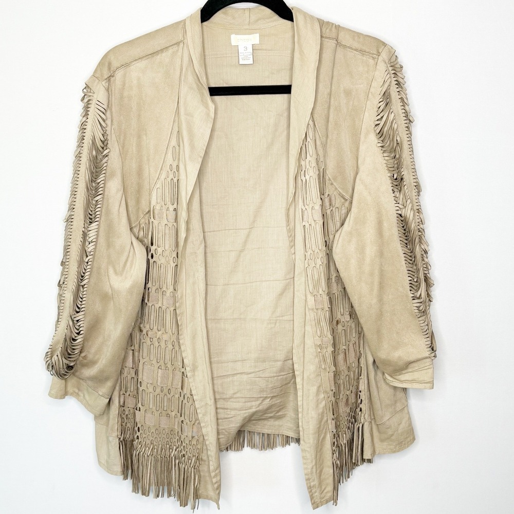 Chico's Tan Faux Suede Fringe Laser Cut Open Front Jacket Cardigan Size 3 XL
